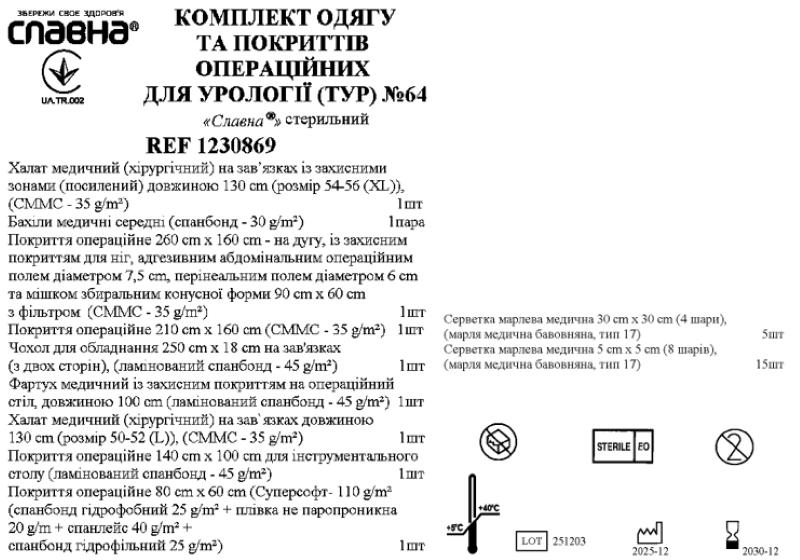 Комплект одягу та покриттів операційних для урології (ТУР) №64 «Славна®» стерильний